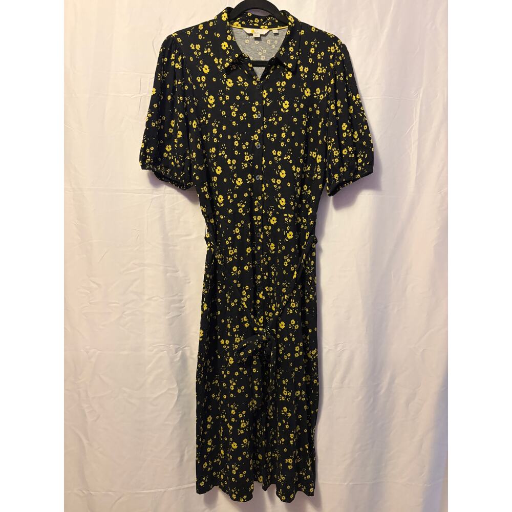 Boden Ganni Floral Shirt Dress Black Yellow Puff Sleeve Sz 12R